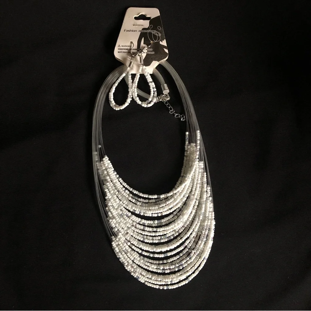 Fashion Accessory White & Iridescent Bead Necklace and Earring Set - Picture 5 of 9